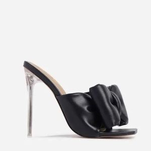 OVERSIZED BOW DETAIL SQUARE PEEP TOE CLEAR PERSPEX HEEL MULE FAUX LEATHER